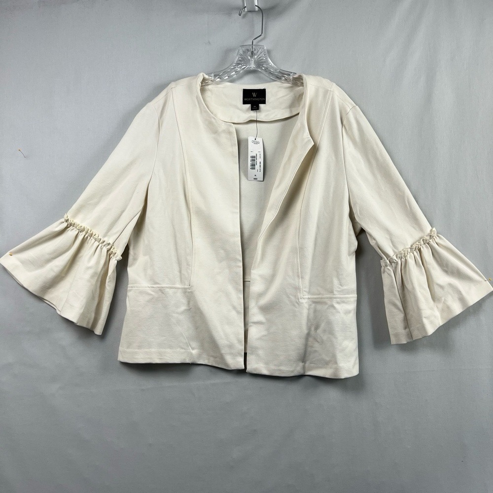 Worthington Cardigan Womens XL Cream Open Front Ruffled 3/4 Sleeve Jacket NEW
